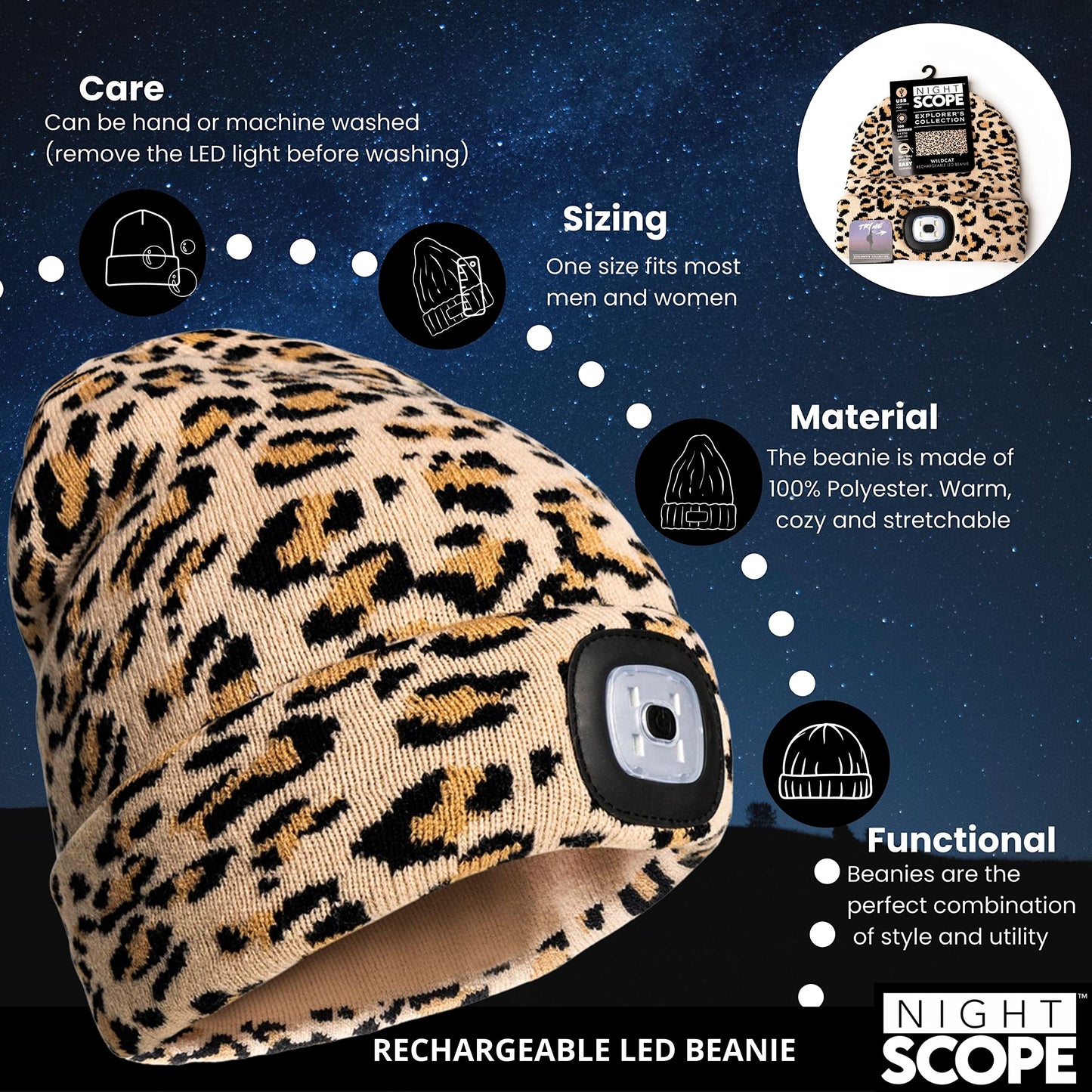 Night Scope Rechargeable LED Warm Knit Beanie Brightside Collection Hand-Free Lighted Head Lamp Hat for Women Men Girls Unisex - Wildcat