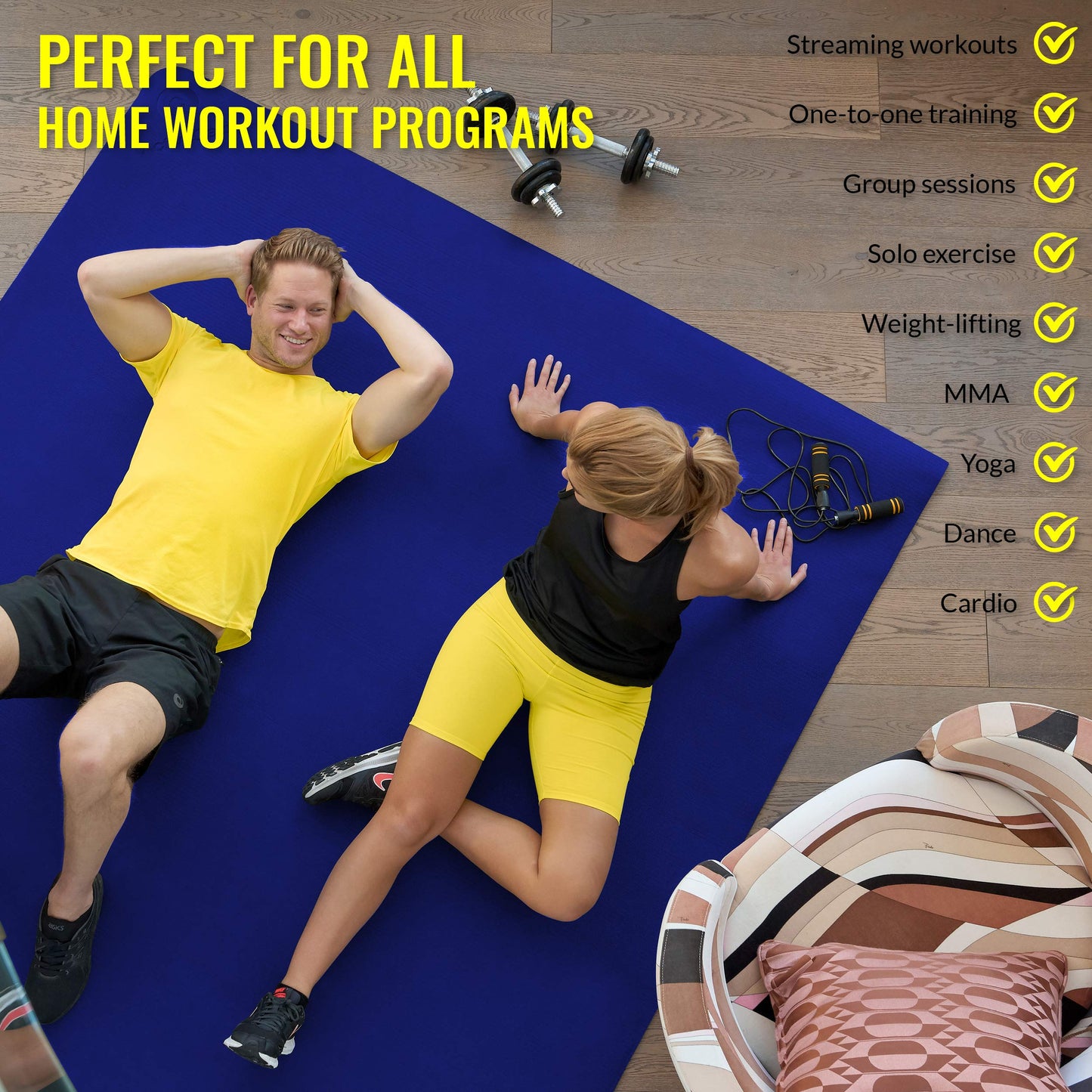Large Exercise Mat 8' x 6' x 7mm | Ultra-Durable Non-Slip Rubber Workout Mat for Home Gym Flooring | Ideal for Cardio, Fitness, Plyo, MMA and Yoga | Jump Rope and Storage Bag Included - Blue