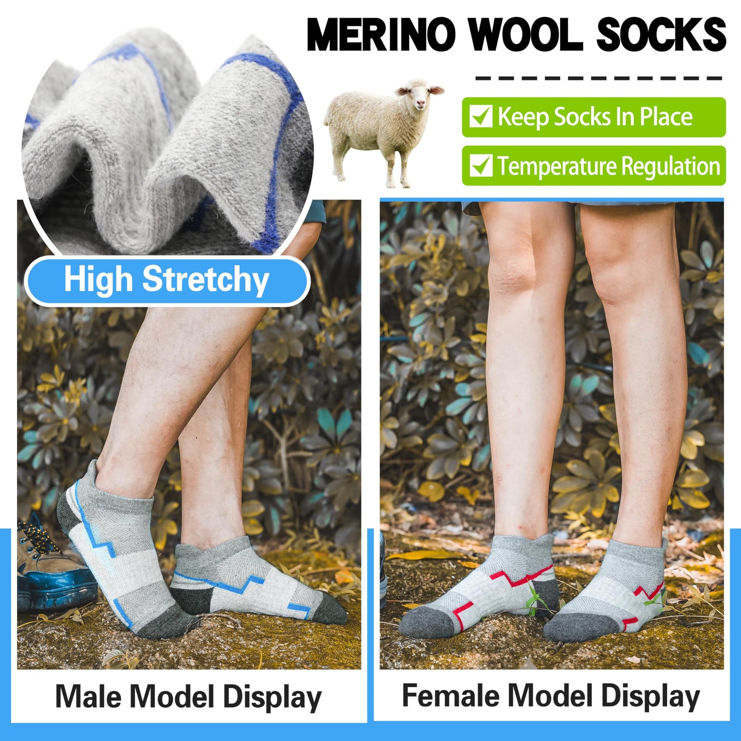 Welwoos Merino Wool Ankle Hiking Socks Thermal Warm Thick Winter Compression Support Running Cushion Athletic No Show Socks for Women Men Gifts Stocking Stuffers 6 Pairs(Light Grey,L)