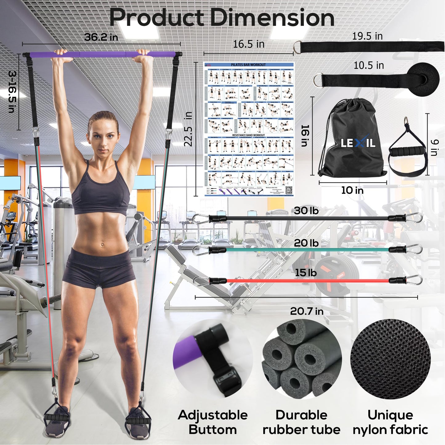LEXIL Pilates Bar Exercise Kit-Stackable 3 Pairs of Resistance Bands (15, 20, 30LB) - Home Gym Equipment for Men and Women, Workout Kit for Body Toning,with Fitness Video