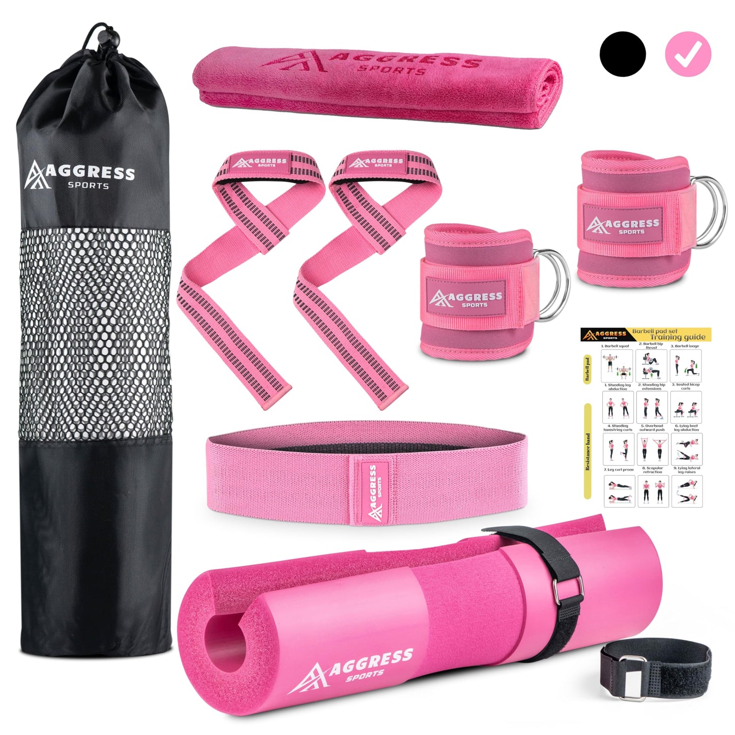 8 Pcs Pink Premium Barbell Pad Set - Barbell Pad For Hip Thrust | Perfect Ankle Straps For Cable Machines Women | Essentials Gym Accessories/Equipment For Women | Workout Gym Kit With Carry Bag