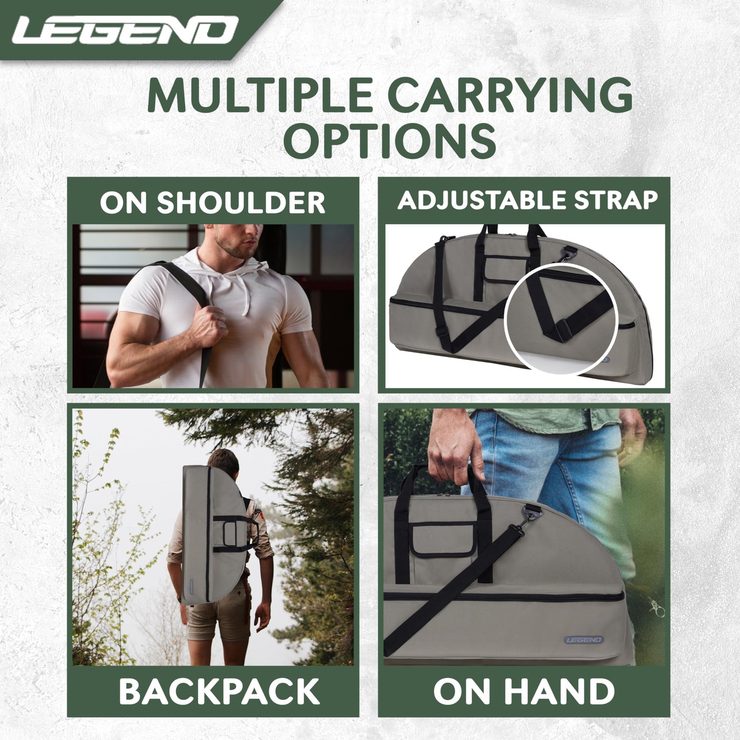 Legend Essential Compound Bow Case - Compound Bow Bag with Arrow Tube Case Pocket & Backpack Straps- Durable Nylon, Soft & Lightweight Design - Archery Accessory Protection-36 Interior-Army Green