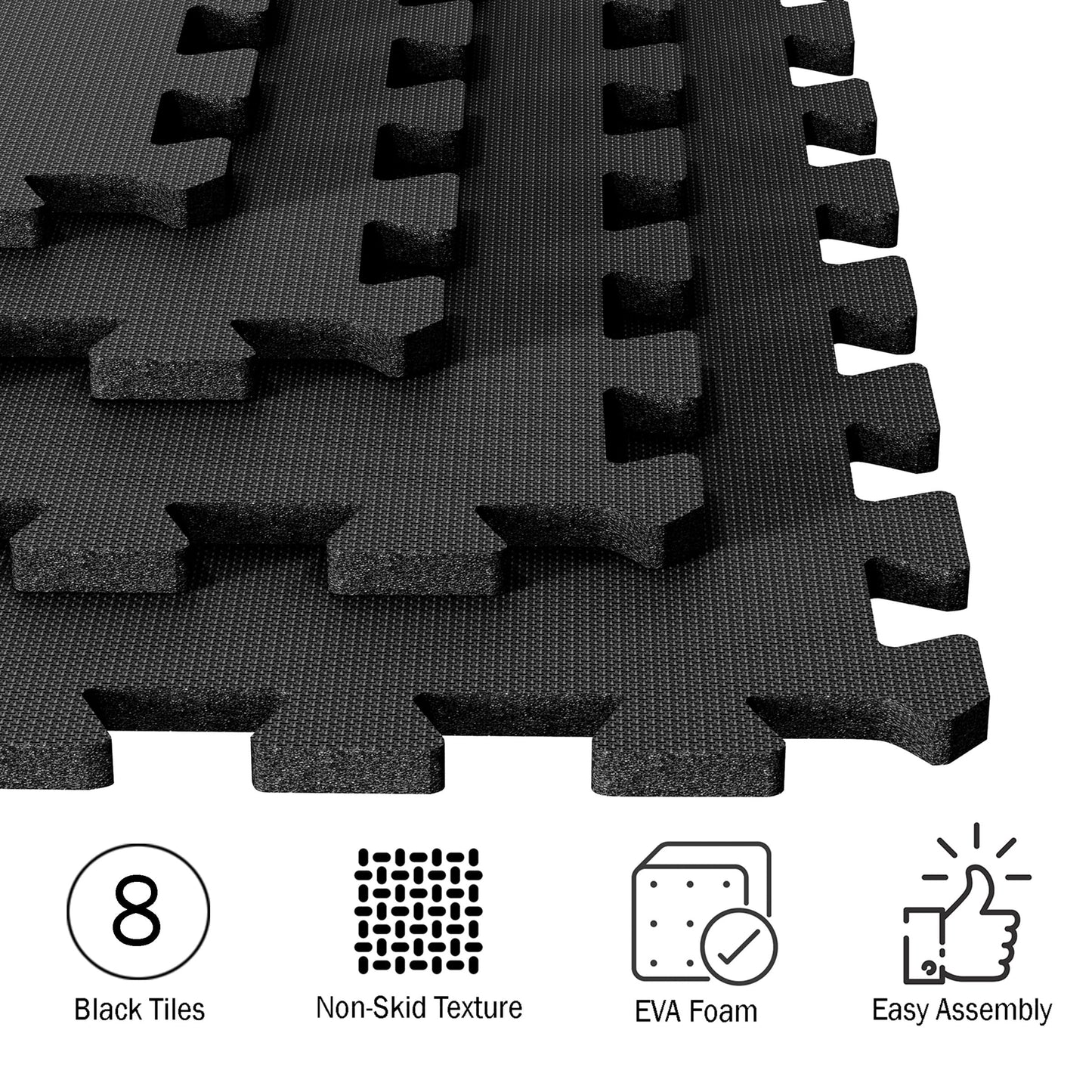 EVA Foam Mat Tiles 8-Pack - 32 SQ FT of Interlocking Padding for Garage, Playroom, or Gym Flooring - Workout Mat or Baby Playmat by Stalwart (Black)