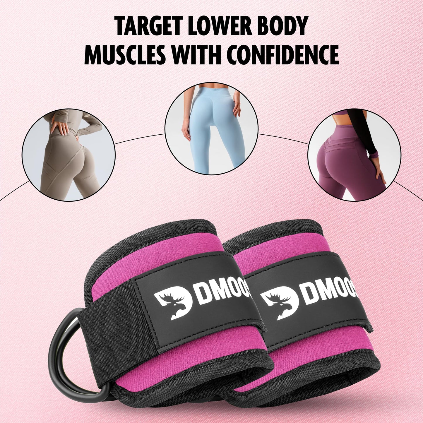 DMoose Ankle Strap for Cable Machine - One Size Fit with Premium Padding, Glute Kickback Ankle Strap, Ankle Cable Straps for Workout, Booty Workout, Leg Extension, Hip Abductors & Lower Body Exercises (pink - pair)