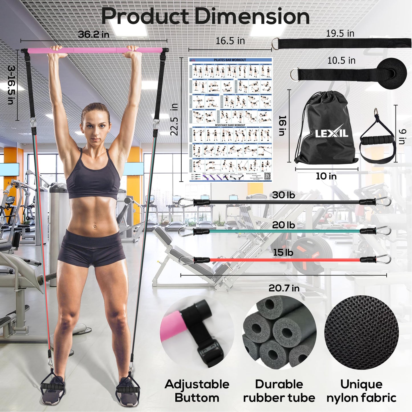 LEXIL Pilates Bar Exercise Kit-Stackable 3 Pairs of Resistance Bands (15, 20, 30LB) - Home Gym Equipment for Men and Women, Workout Kit for Body Toning,with Fitness Videoļ¼Pinkļ¼