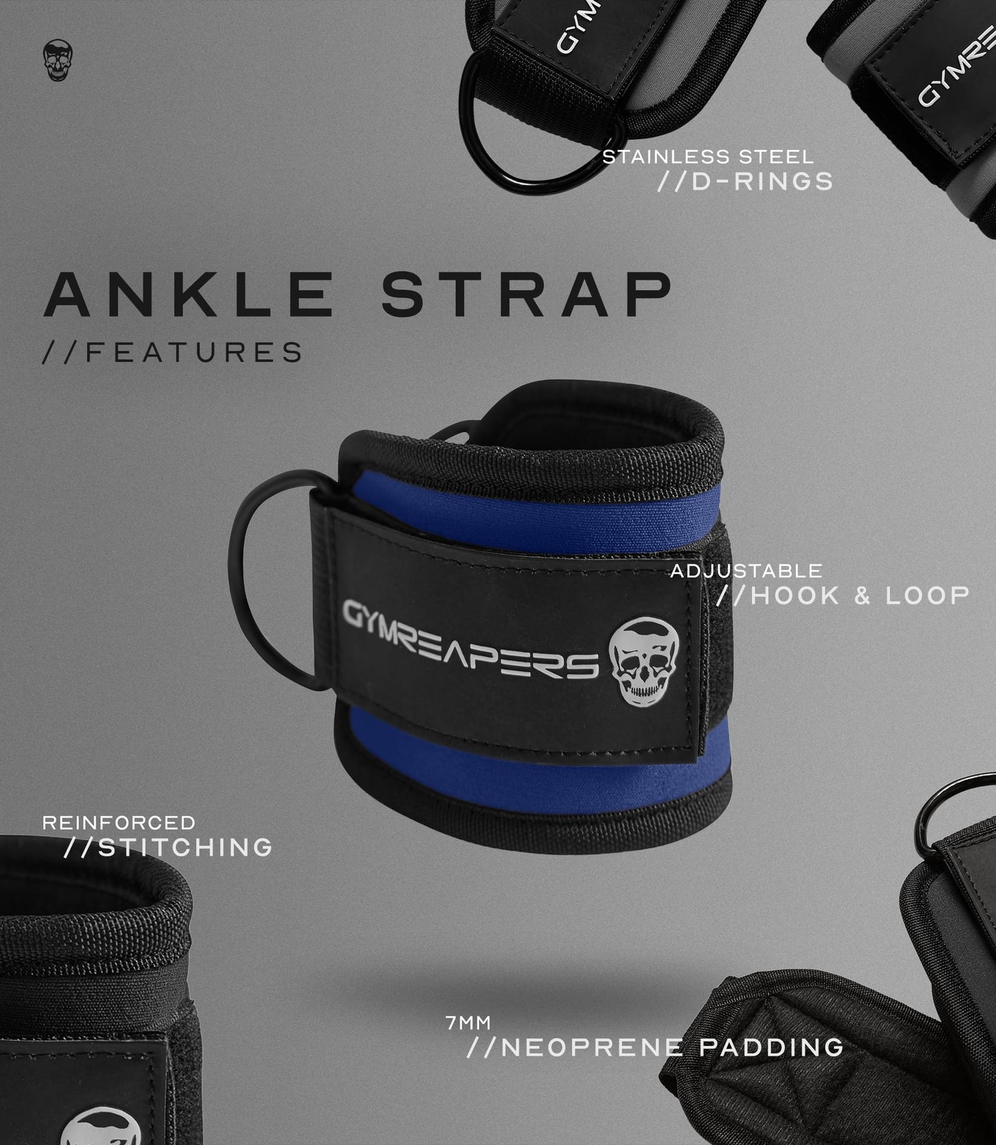 Gymreapers Ankle Straps (Pair) For Cable Machine Kickbacks, Glute Workouts, Lower Body Exercises - Adjustable Leg Straps with Neoprene Padding Cobalt, Pair)