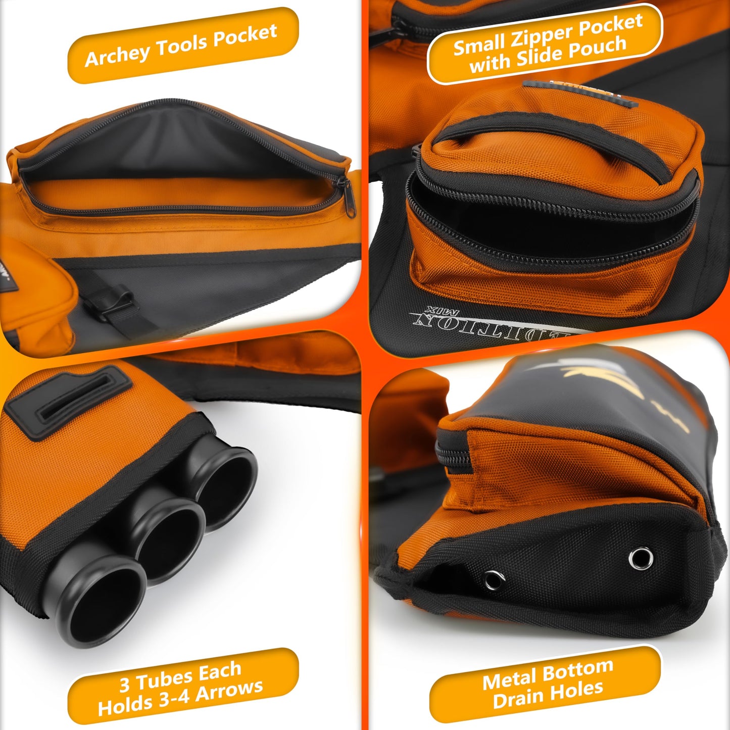 SUNYA Archery Hip Quiver for Arrows. Includes 3 Tubes Arrow Holder, Accessories Pockets and Waist Belt. Fit for Compound and Recurve Bow Practice. (Orange)
