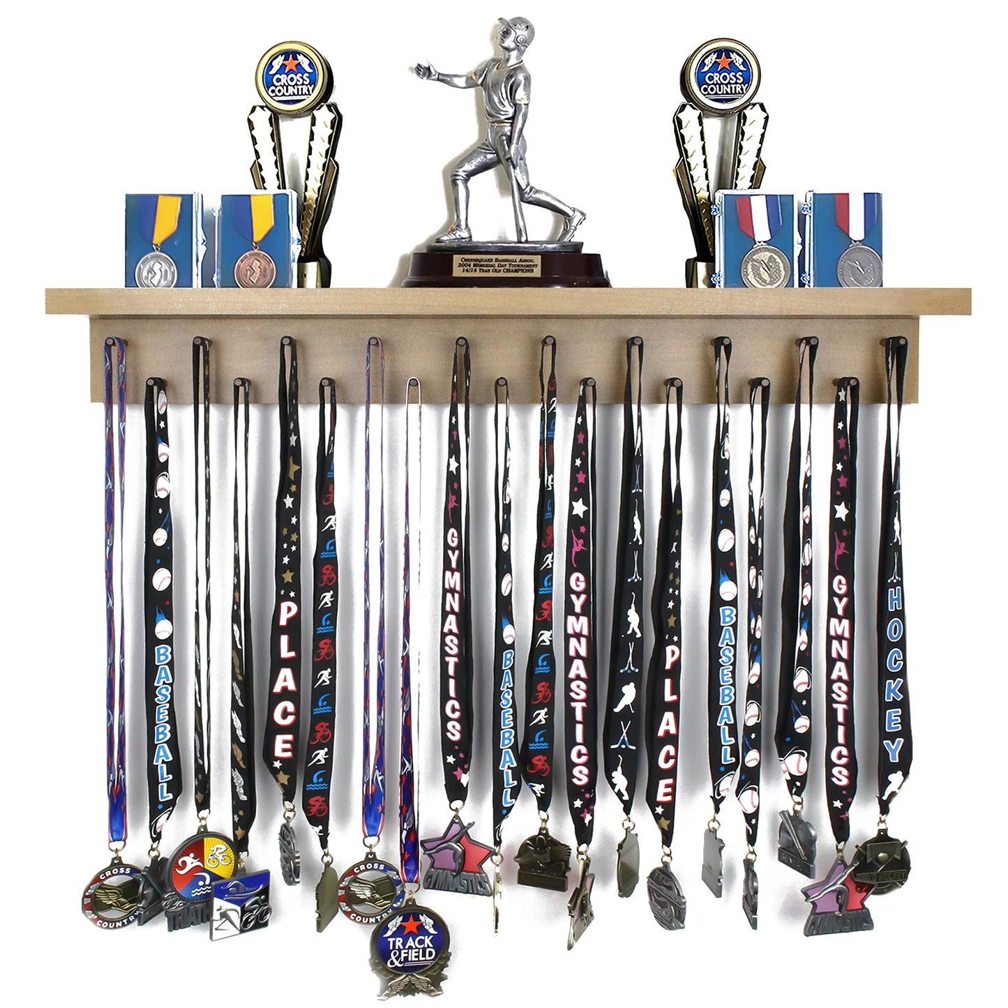 2ft- Medal Awards Rack- Premier Medal Hanger Display and Trophy Shelf - Multi-Purpose Trophy and Medal Holder for Medal Display, Plaques, Pictures, Trophies and more Solid Wood