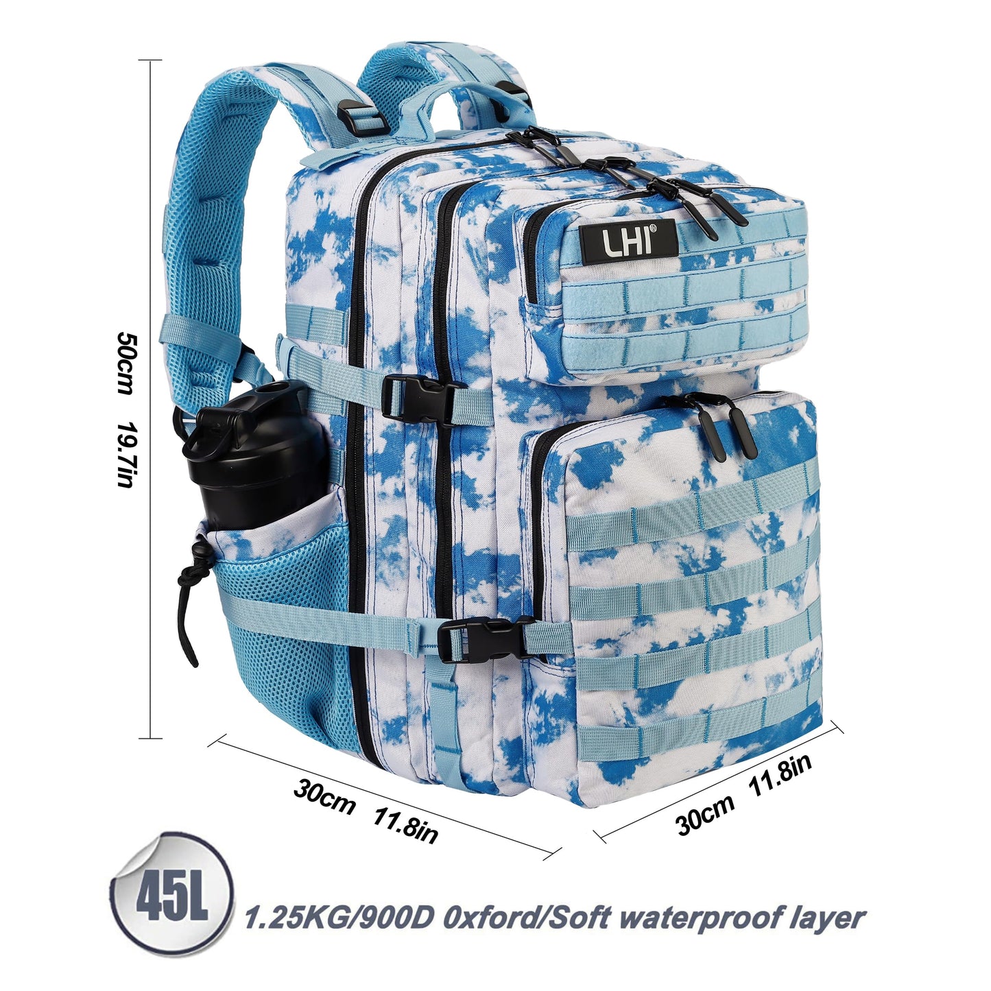 LHI Military Tactical Backpack for Men and Women 45L Army 3 Days Assault Pack Bag Large Rucksack with Molle System - Light blue tie-dye
