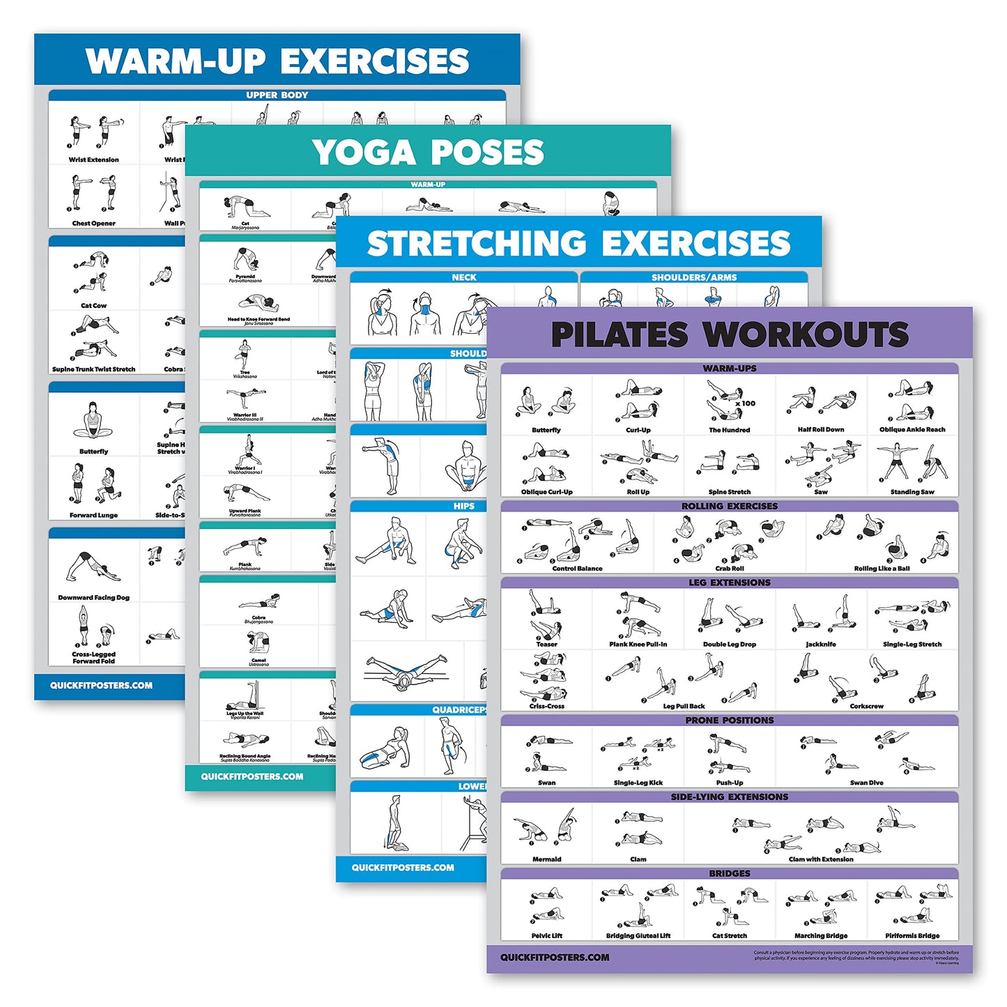Palace Learning 4 Pack - Warm Up Exercises + Yoga Workouts + Stretching Exercises + Pilates Exercises - Set of 4 Workout Charts (LAMINATED, 18” x 24”)