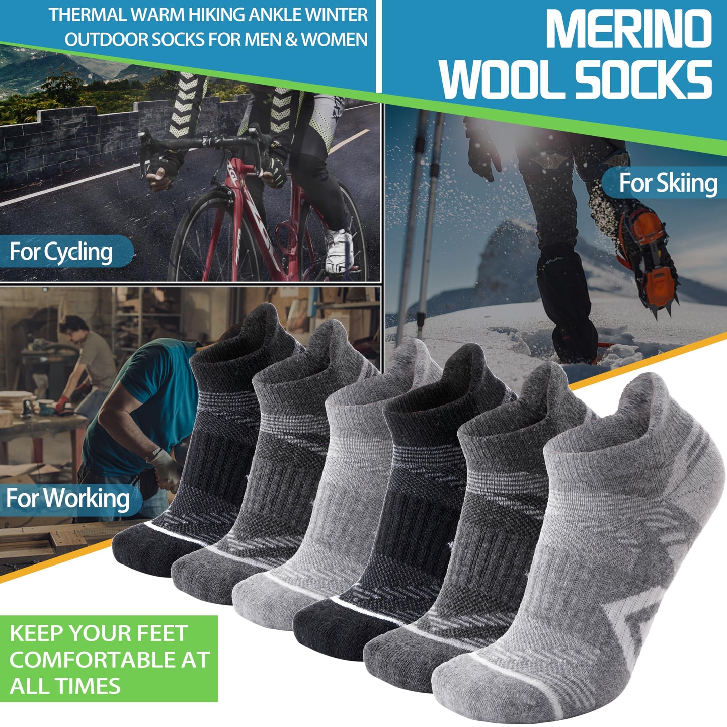 ANTSANG Merino Wool Ankle Hiking Socks Compression Warm Thermal Thick Cushion Winter Running No Show Moisture Wicking Socks Gifts Stocking Stuffers for Women Men 6 Pairs(Black Grey,L)