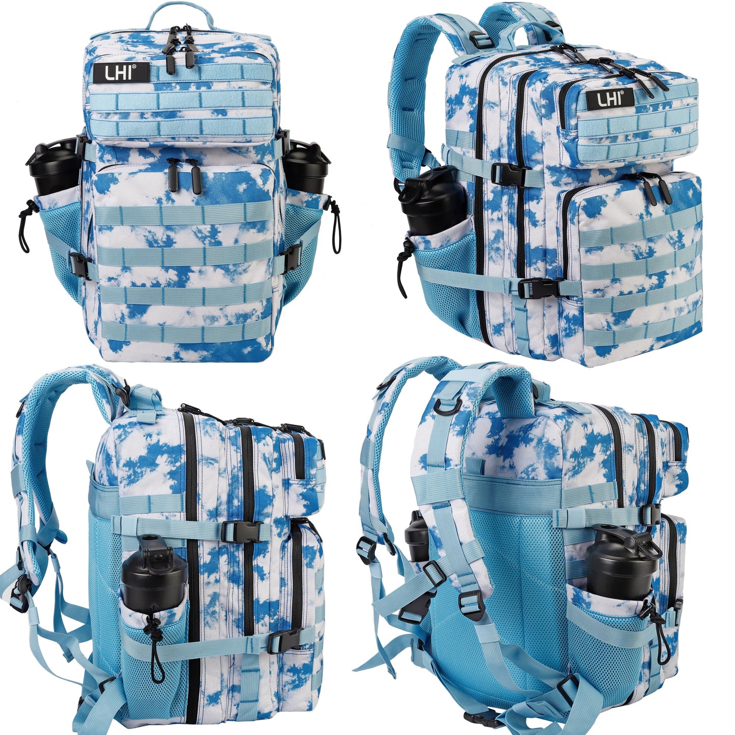 LHI Military Tactical Backpack for Men and Women 45L Army 3 Days Assault Pack Bag Large Rucksack with Molle System - Light blue tie-dye