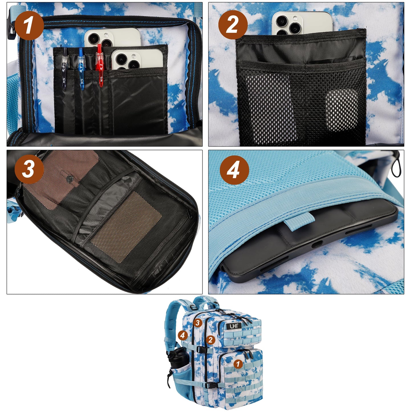 LHI Military Tactical Backpack for Men and Women 45L Army 3 Days Assault Pack Bag Large Rucksack with Molle System - Light blue tie-dye