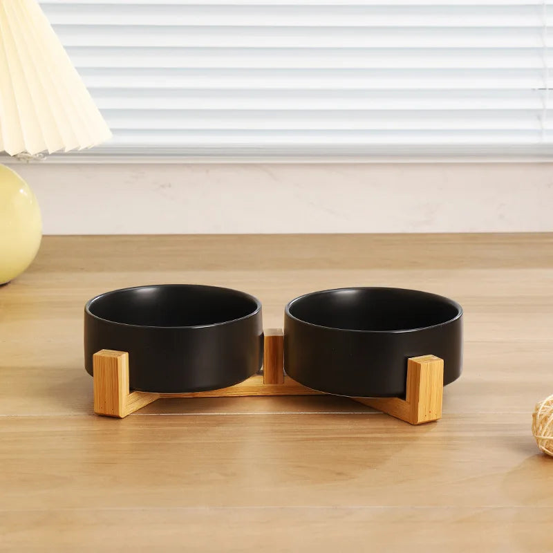 Ceramic Dog Bowl with Wooden Stand