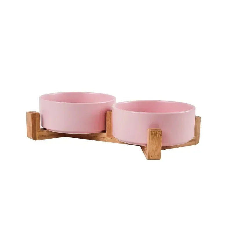 Ceramic Dog Bowl with Wooden Stand