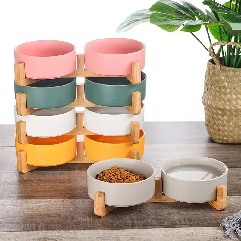 Ceramic Dog Bowl with Wooden Stand