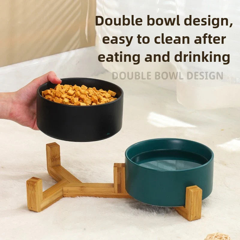 Ceramic Dog Bowl with Wooden Stand