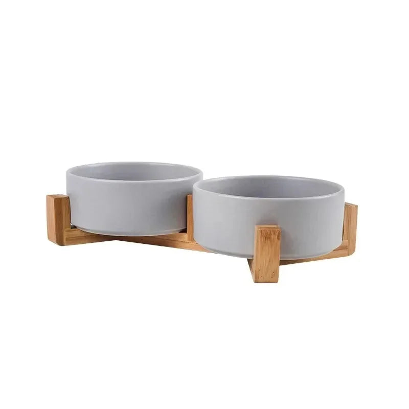 Ceramic Dog Bowl with Wooden Stand