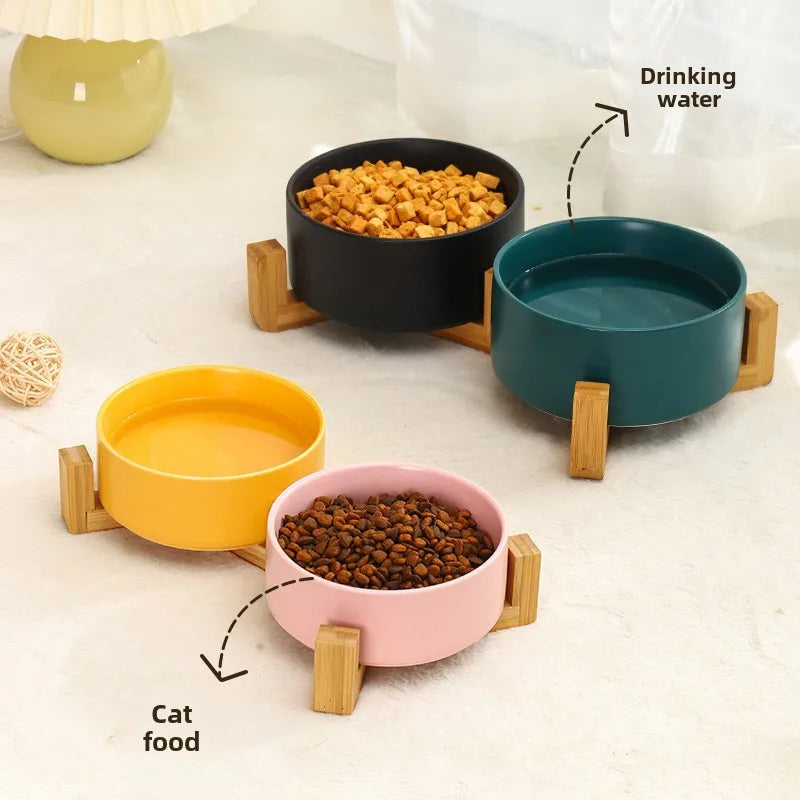 Ceramic Dog Bowl with Wooden Stand