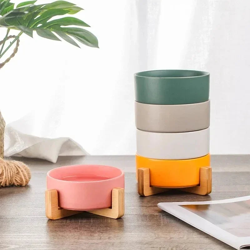 Ceramic Dog Bowl with Wooden Stand