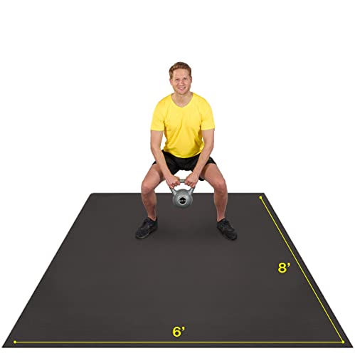 Large Exercise Mat 8' x 6' x 7mm | Ultra-Durable Non-Slip Rubber Workout Mat for Home Gym Flooring | Ideal for Cardio, Fitness, Plyo, MMA and Yoga | Jump Rope and Storage Bag Included - Black