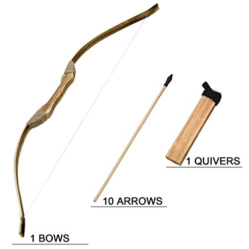 Kids Bow and Arrow Set, Handmade Archery Set 32 Inch Wooden Bow and Arrow, Toy Bow and Arrow for Kids 4-6 8-12, 1 Bows 1 Quivers and 10 Wood Arrows, Gifts for Kids Youth Boys and Girls