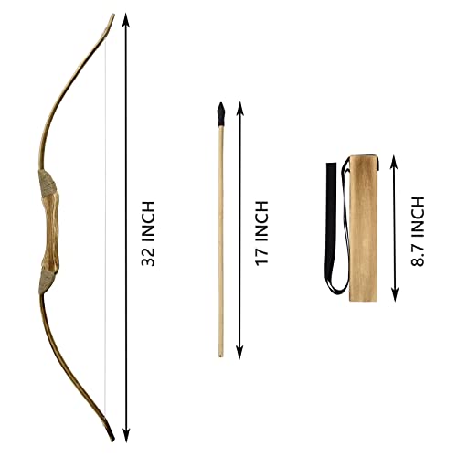 Kids Bow and Arrow Set, Handmade Archery Set 32 Inch Wooden Bow and Arrow, Toy Bow and Arrow for Kids 4-6 8-12, 1 Bows 1 Quivers and 10 Wood Arrows, Gifts for Kids Youth Boys and Girls
