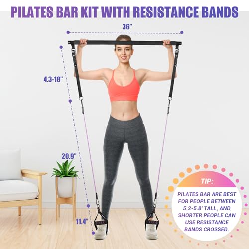 Pilates Bar Kit with Resistance Bands, 3-Section Pilates Bar with Clear Scale & Adjustable Metal Buckle, Durable Carabiner, Pilates Bar Kit for Women Full-Body Workout - Black