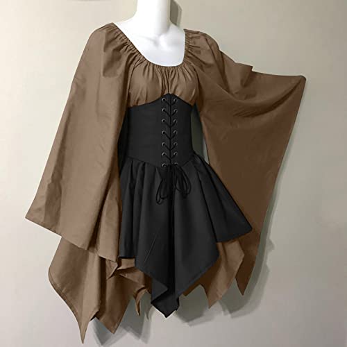 KEGIRLOM Online Shopping for Women Women's Medieval Renaissance Dress Costume Flare Sleeve Corset Skirt Overskirt Elven Archer Irish Over Gown 2pcs Set,Princess Dress Adult