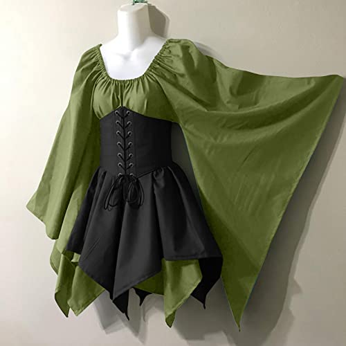 KEGIRLOM Open Box Deals Women's Medieval Renaissance Dress Costume Flare Sleeve Corset Skirt Overskirt Elven Archer Irish Over Gown 2pcs Set,Lolita Dress Goth