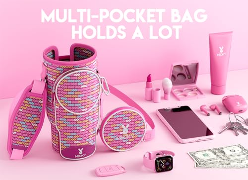 Meoky Water Bottle Carrier Bag with Phone Pocket for 40 oz Tumbler with Handle, Neoprene Water Bottle Holder Pouch with Adjustable Strap, 2 Carabiner Clips (Pink Bunny)