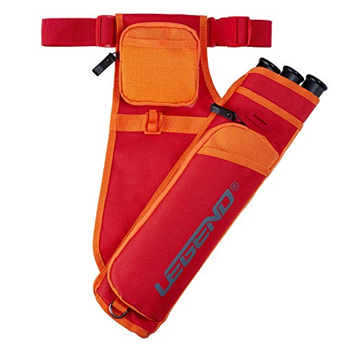 Legend First Archery Quiver Case for Arrows - Right Handed Target Shooting Hip Quivers with Adjustable Belt & 3 Arrow Tubes - Durable T-Slot & Storage Pockets for Accessories & Score Card - Red