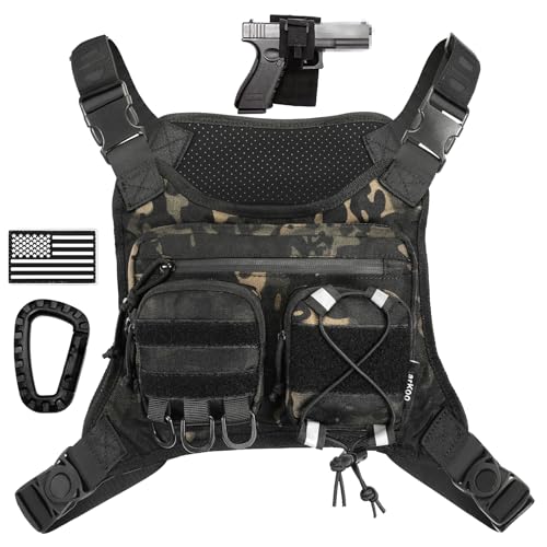 LarKoo Sports Chest Bag for Men & Women EDC Pouch Bag Chest Vest Holster Fits Most Pistols, Adjustable IFAK Travel Chest Pack for Running, Hiking, Workouts… (ACU Black)