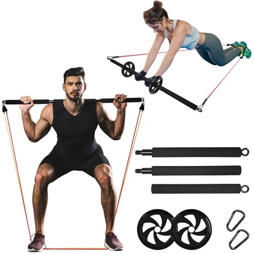 Portable Pilates Bar, Pilates Resistance Band Bar with Ab Roller, 3-Section Multifunctional Pilates for Stretched Exercise, Home Gym Yoga Stick for Full Body Workout Training Women & Men (Black)