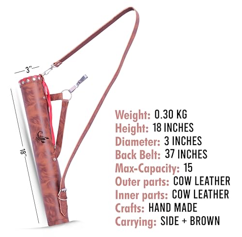 ONLYHANDMADE Traditional Shoulder Back Quiver Bow Leather Arrow Holder with Handmade Straps Belt Bag Tube-shaped Genuine Leather Archery Arrow Case for Hunting & Target Practicing (TIGER BROWN)