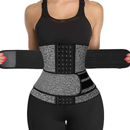 KIWI RATA Neoprene Sauna Waist Trainer Corset Sweat Belt with 2 Straps for Women Plus Size Compression Gym Workout Trimmer,#2 Hooks Grey,X-Small