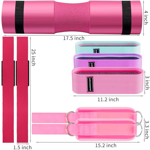SINYWAY Barbell Pad Set, 9 Pcs Barbell Squat Pad for Hip Thrusts, Lunges, Leg Day with 2 Gym Ankle Straps, 3 Hip Resistance Bands, 2 Lifting Strap, Barbell Pad and Carry Bag