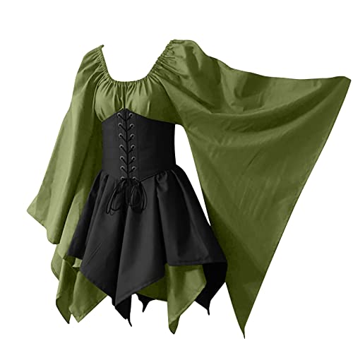 KEGIRLOM Open Box Deals Women's Medieval Renaissance Dress Costume Flare Sleeve Corset Skirt Overskirt Elven Archer Irish Over Gown 2pcs Set,Lolita Dress Goth