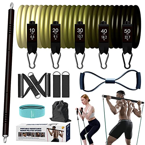 KRIXAM Pilates Bar Kit with Resistance Bands, Resistance Bands Set with Bar, Portable Pilates Equipment for Workout Home Gym
