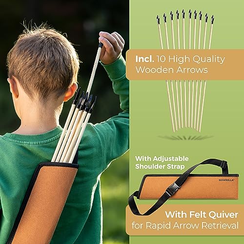 BOWRILLA® Wooden Bow and Arrow for Kids with 10 Arrows, Quiver, 3 Targets & Storage Bag | Kids Bow and Arrow Set for Right- and Left-Handers | Indoor and Outdoor Toys for Children Boys & Girls