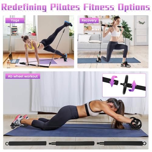 Portable Pilates Bar, Pilates Resistance Band Bar with Ab Roller, 3-Section Multifunctional Pilates for Stretched Exercise, Home Gym Yoga Stick for Full Body Workout Training Women & Men (Black)