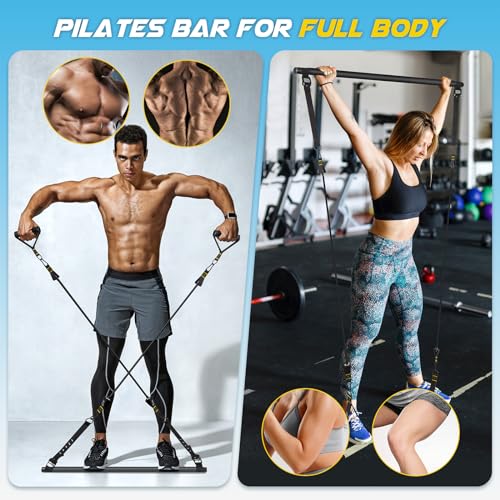 Pilates Bar Kit with Resistance Bands, Multifunctional Metal Exercise Bar with Heavy-Duty Metal Adjustment Buckle, Portable Home Gym Pilates Resistance Bar Kit for Heavy Weight Training Men&Women
