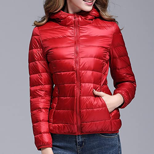 JEsilunmaMY Lightweight Short Puffer Jacket for Women Zip Long Sleeve Packable Hooded Down Coats Slim Winter Cropped Outwear (Red1,Small)