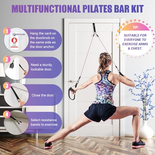 Pilates Bar Kit with Resistance Bands, 3-Section Pilates Bar with Clear Scale & Adjustable Metal Buckle, Durable Carabiner, Pilates Bar Kit for Women Full-Body Workout - Black