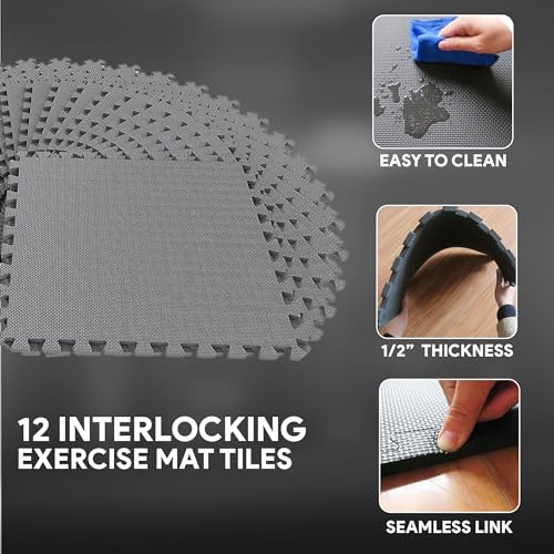 Fitvids Puzzle Exercise Mat with EVA Foam Interlocking Tiles for MMA, Exercise, Gymnastics and Home Gym Protective Flooring, 1/2" Thick, 48 Square Feet, Gray