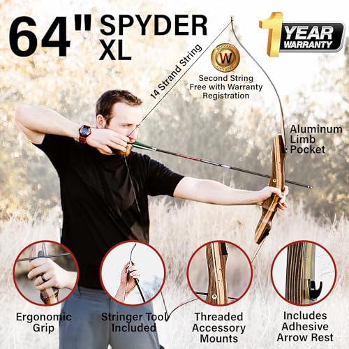 Spyder XL Takedown Recurve Bow and Arrow Set ? 64" Recurve Hunting Bow ? Right & Left Hand ? Draw Weights in 30-55 lbs ? USA Based Company ? Perfect for Beginner to Intermediate SpyderXL-30R-WS