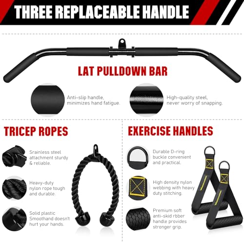 RENRANRING Fitness LAT and Lift Pulley System Gym - Upgraded LAT Pull Down Cable Machine Attachments, Loading Pin, Handle and Tricep Rope, for Biceps Curl, Forearm, Triceps Exercise Gym Equipment