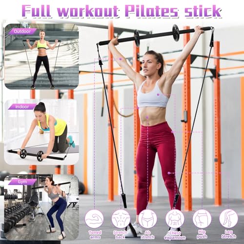 Portable Pilates Bar, Pilates Resistance Band Bar with Ab Roller, 3-Section Multifunctional Pilates for Stretched Exercise, Home Gym Yoga Stick for Full Body Workout Training Women & Men (Black)