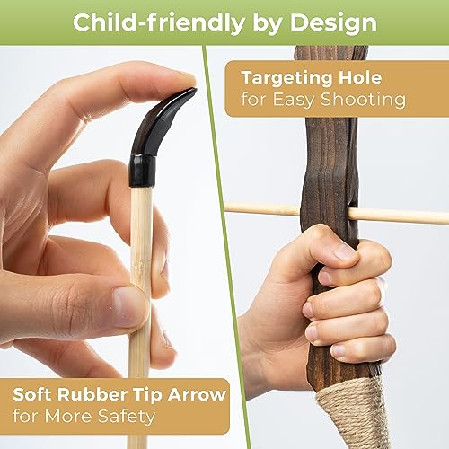 BOWRILLA® Wooden Bow and Arrow for Kids with 10 Arrows, Quiver, 3 Targets & Storage Bag | Kids Bow and Arrow Set for Right- and Left-Handers | Indoor and Outdoor Toys for Children Boys & Girls