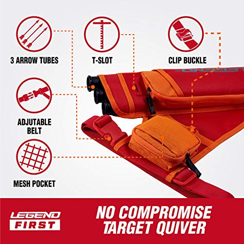 Legend First Archery Quiver Case for Arrows - Right Handed Target Shooting Hip Quivers with Adjustable Belt & 3 Arrow Tubes - Durable T-Slot & Storage Pockets for Accessories & Score Card - Red